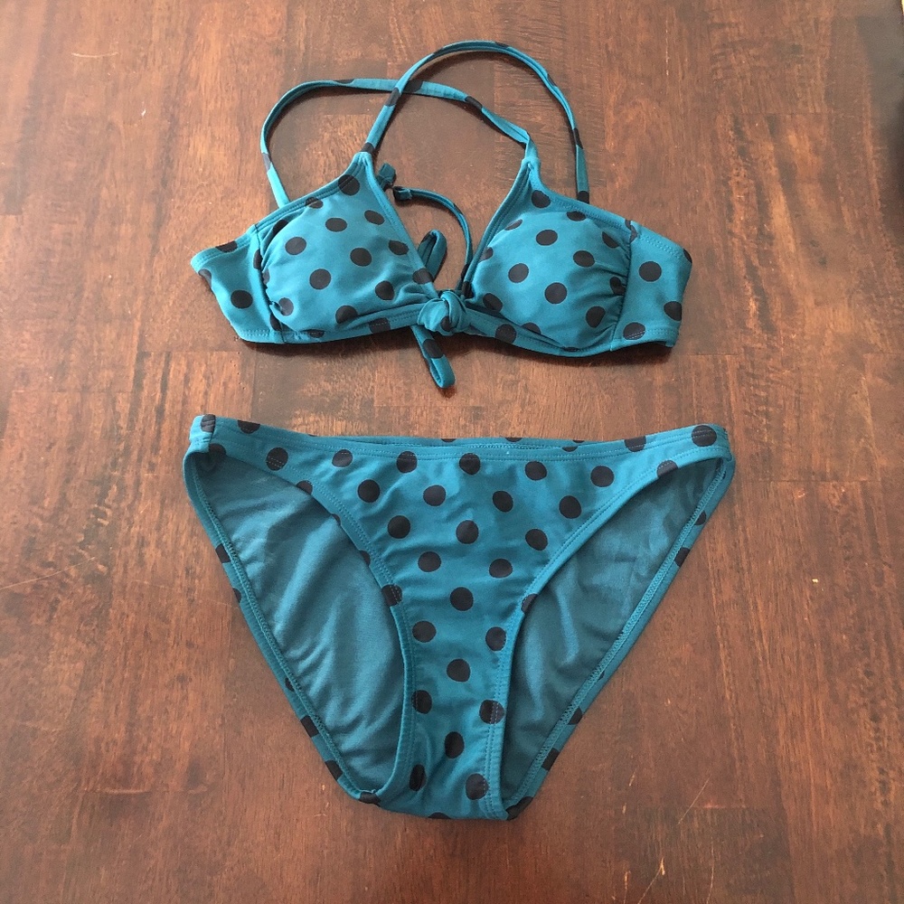 Dark Teal Bikini Set with Black Polka Dots